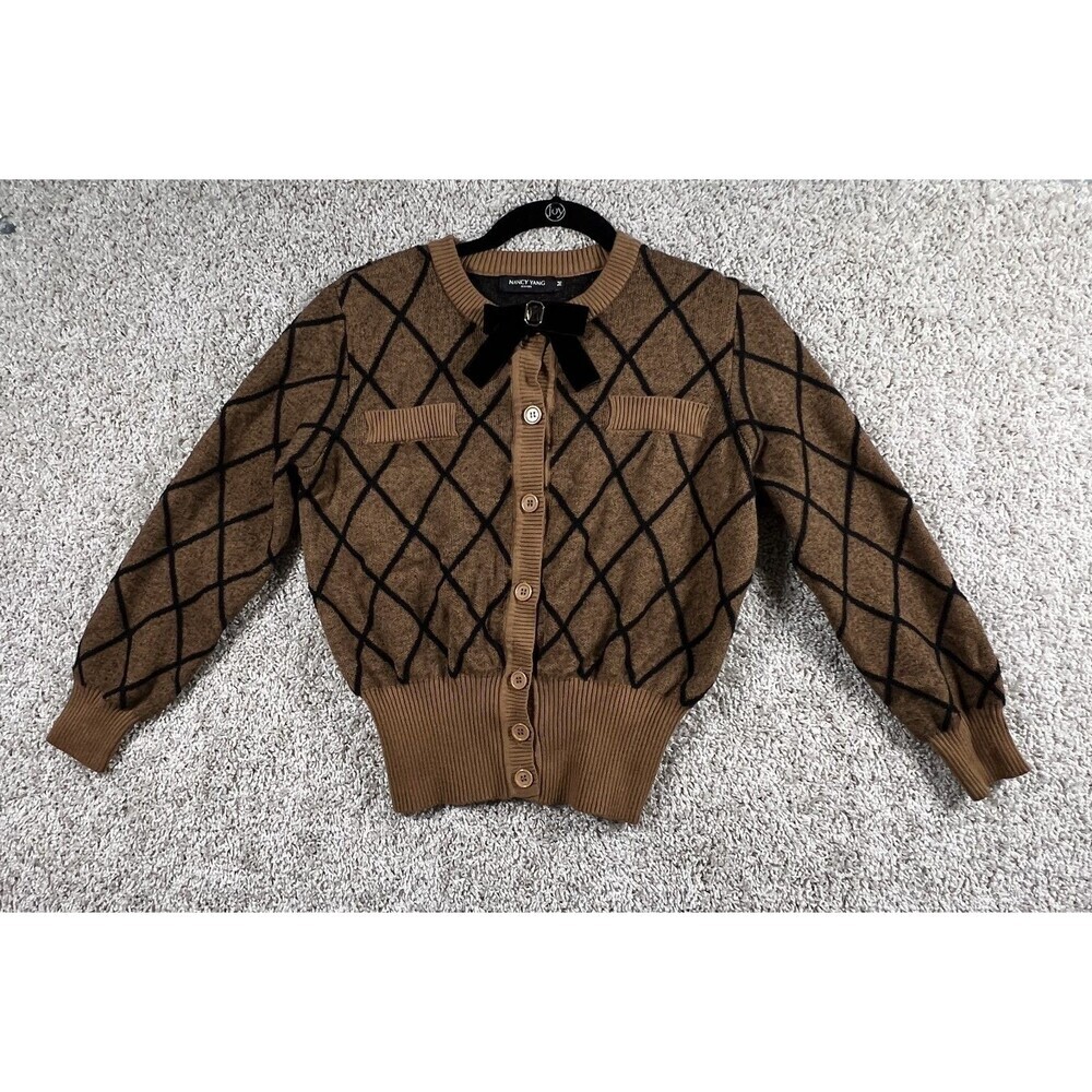 Nancy Yang Cardigan Sweater Womens M Brown Argyle Bow Academia